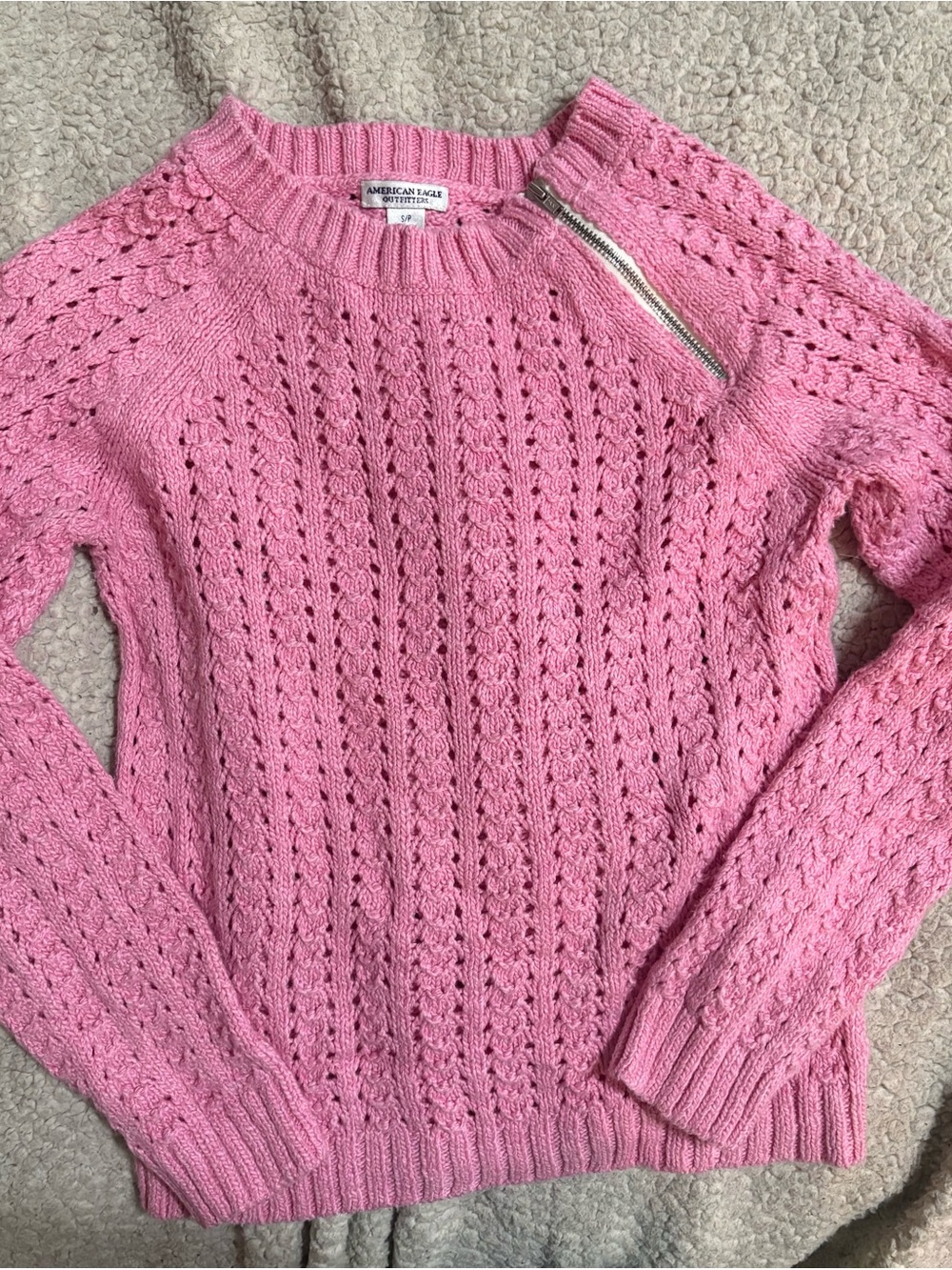 American Eagle Pink Knit Zip-Accent Sweater